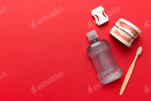 Preview: Mouthwash and other oral hygiene products on colored table top view with copy space