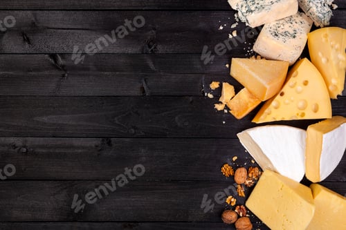 Preview: Various types of cheese. Top view. Copy space.