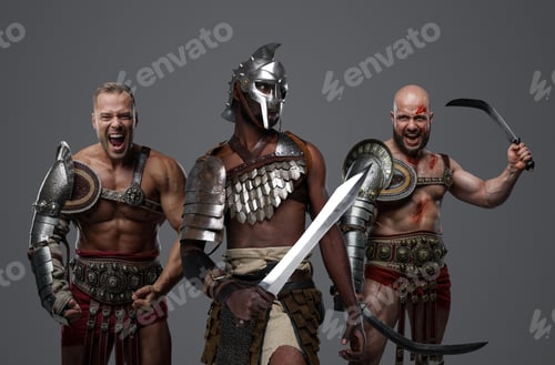 Preview: Three ancient gladiators with light armors and swords