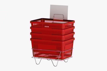 Stacked Shopping Baskets: Red Plastic with Handles & Metal Stand