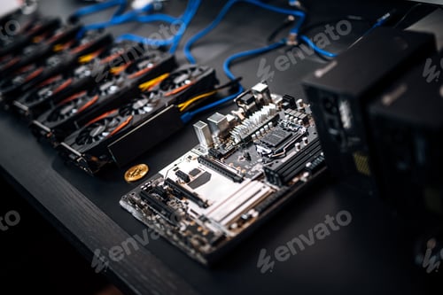 Preview: Computer Motherboard and graphics cards, bitcoin mining and cryptocurrency