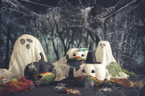 Preview: Happy halloween holiday. Halloween decorations, black and white pumpkins mask coronavirus,bats