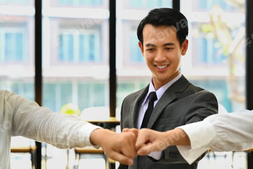 Preview: Group of businesspeople making a fist bump, excited after completion of project.