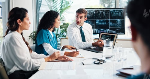Preview: Man, doctor or discussion with x ray on screen for planning surgery or meeting in boardroom. Male p