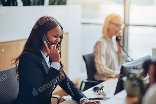 Preview: African American businesswoman talking on a telephone in an office