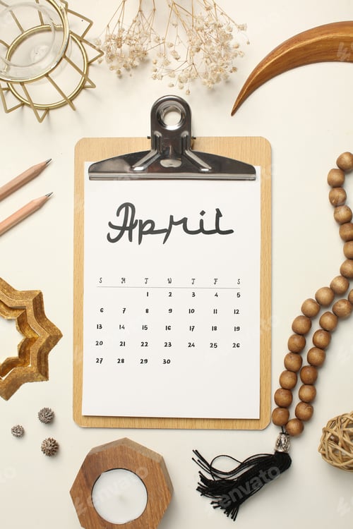 Preview: April Calendar with Wooden and Gold Aesthetic Objects