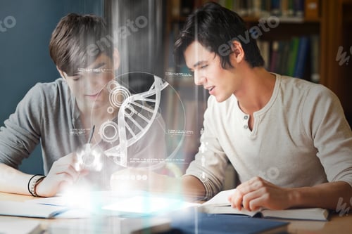 Preview: Smiling College Students Analyzing Dna On Digital Interface In University Library