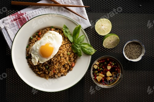 Preview: Overhead shot of a dish with rice and egg near a salad and lemon on the table