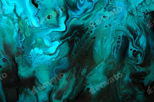 Preview: Fluid Art. Green and blue abstract wave swirls on black background. Marble effect background