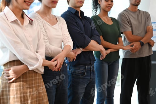 Preview: Group of successful start up business people standing in line and holding hands together.