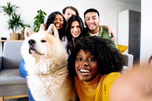 Preview: Smiling Adults and Their Beloved Pets in a Cheerful Living Room