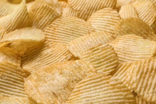 Preview: Pile of crispy potato chips as background, closeup
