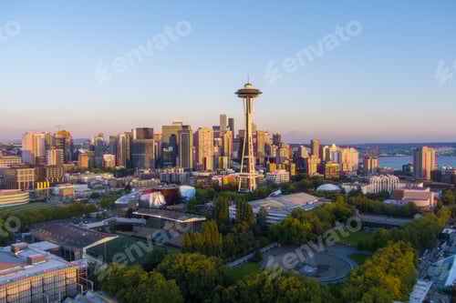 Preview: Aerial view of Seattle, Washington at dusk