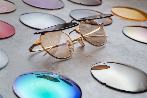 Preview: Close up of fashion glasses with changeable colored lenses