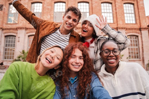 Preview: Close up portrait of a group of friends having fun and smiling together. High school students