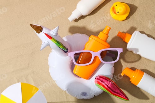 Preview: Concept of summer skin care accessories, top view