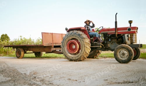 Preview: Farm, tractor and agriculture with happy woman farmer driving a vehicle on farm for sustainability,