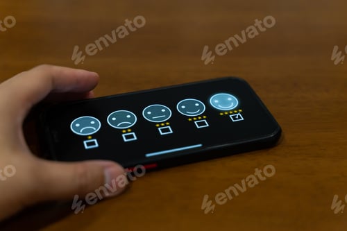 Preview: Customer review good rating concept, smile face and five star on screen for positive feedback.