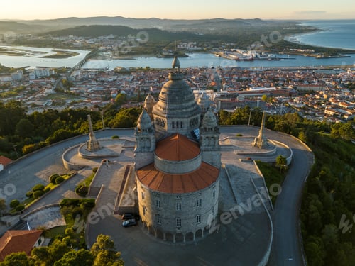Preview: Basilica Santa Luzia at Sunrise. Viana do Castelo, Portugal. Aerial View