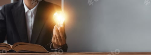 Preview: Standing woman holding glowing lamp, Creative new idea.