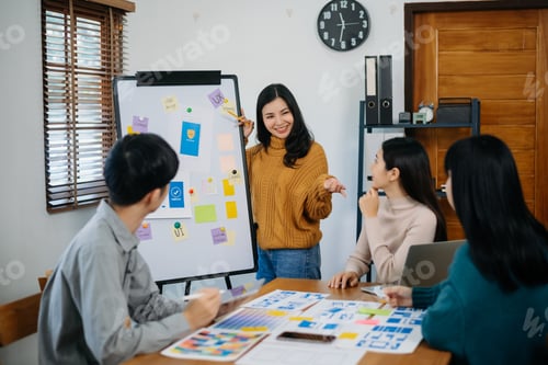 Preview: UX developer and ui designer brainstorming about mobile app interface wireframe design with customer