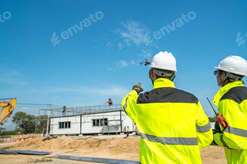 Preview: An engineer in visibility jacket and helmet working on construction site.