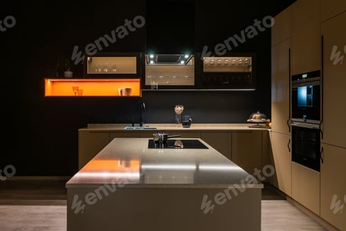 Preview: Closeup shot of a kitchen with modern interior and equipment