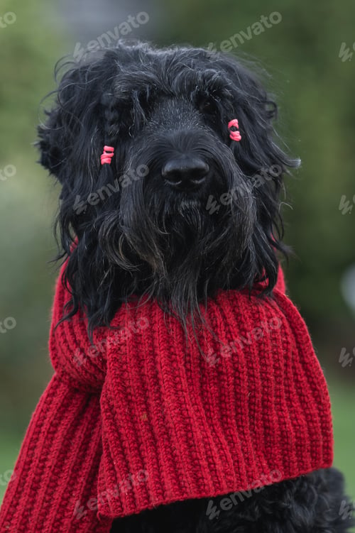 Preview: close-up portrait of a big black dog black Russian terrier in a red scarf on a walk in the park in a