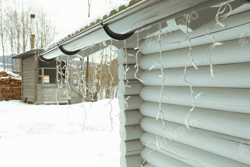 Preview: Cozy wooden house with garland in winter season