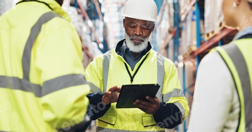 Preview: Logistics, tablet and group of people in warehouse with online checklist in export distribution. In