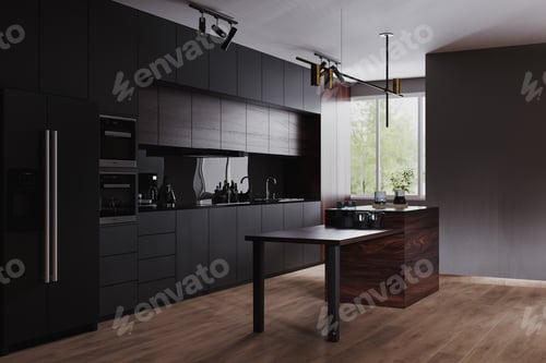 Preview: Modern dark kitchen and dinning room interior with furniture and kitchenware