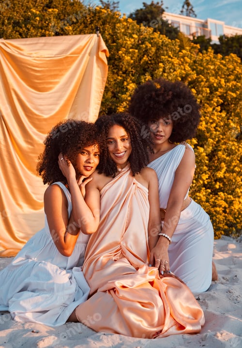 Preview: Fashion, friends and beauty outdoor, portrait and natural hair, afro and elegant clothes, beach and