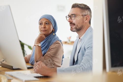 Preview: Training, thinking and computer with business people in office for diversity, planning and coaching