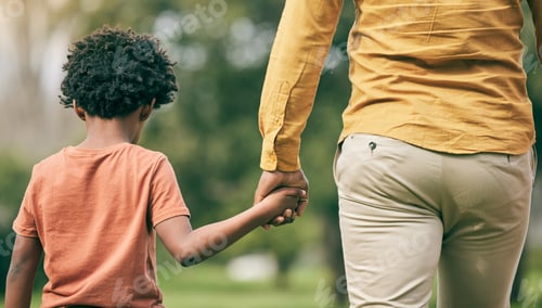 Preview: Park, holding hands and back of child, parent and walking for outdoor adventure, wellness and relax