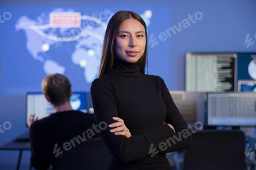 Preview: Professional Female Analyst Working in a Security Operations Center with Digital Displays