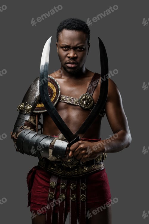 Preview: Violent black gladiator from anicent rome holding two swords
