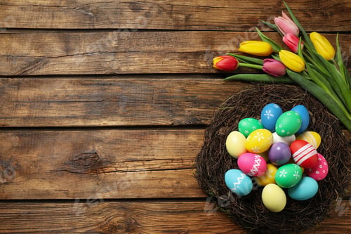 Preview: Colorful Easter eggs in decorative nest and tulips on wooden background, flat lay. Space for text