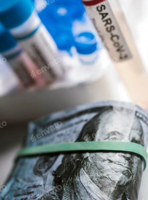 Preview: Vial of coronavirus on american banknotes, conceptual image