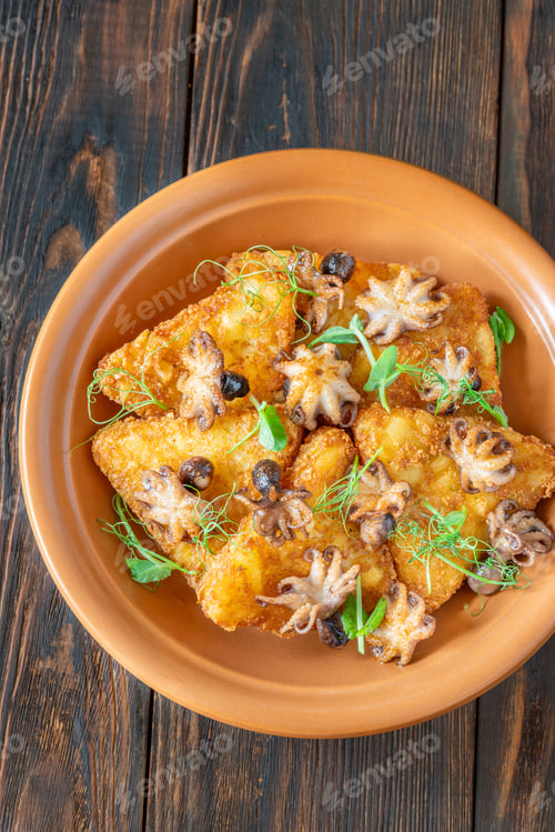 Preview: Golden Potato Rosti With Baby Octopuses And Fresh Pea Shoots Garnished Delicately