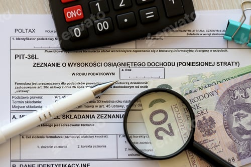 Preview: Tax Form with Calculator, Magnifying Glass, and Money