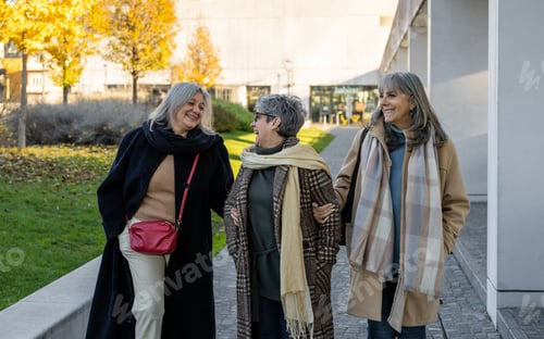 Preview: Three senior women walking through the city streets, retired females in a moment of relaxation