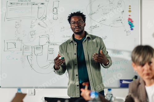 Preview: Confident male project manager leading brainstorming session with team in office