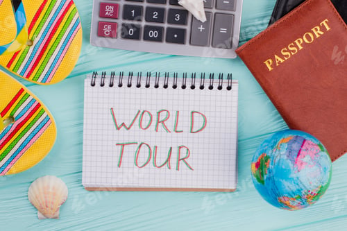 Preview: Flat lay economic and travel composition.