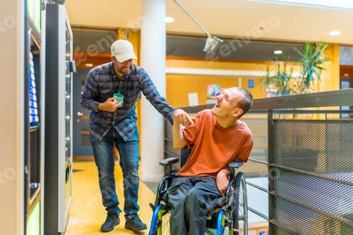 Preview: Disabled man and coworker having fun during work break