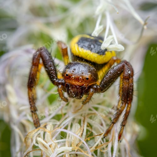 Preview: Macro shot of a colorful spider on a plant.