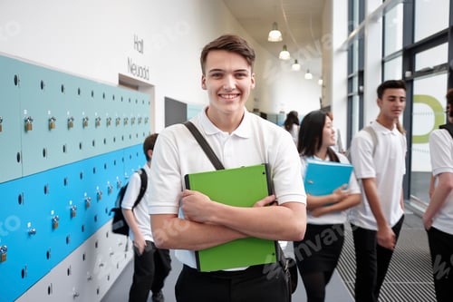 Preview: Portrait of teenage boy holding file in school corridor
