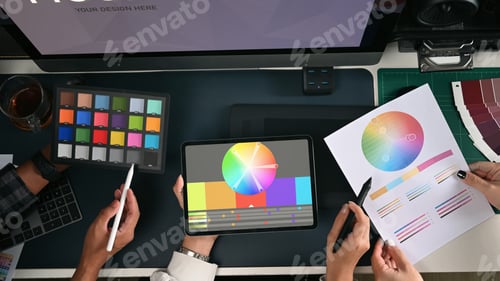 Preview: Team of creative designers working with modern devices and color swatch samples at design studio.