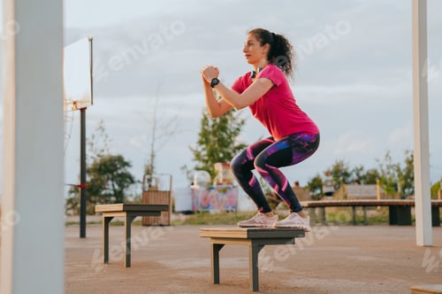 Preview: strong female athlete is preparing for competitions on playground. He trains, jumps on a platform
