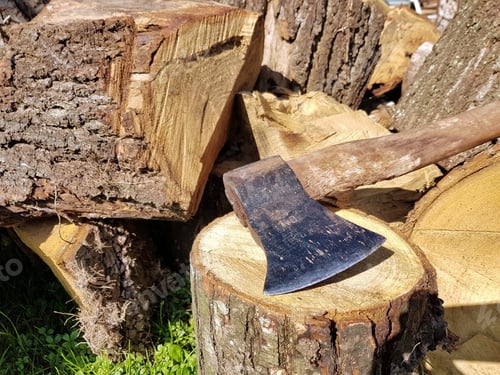 Preview: Close-up photo of axe on tree stump.