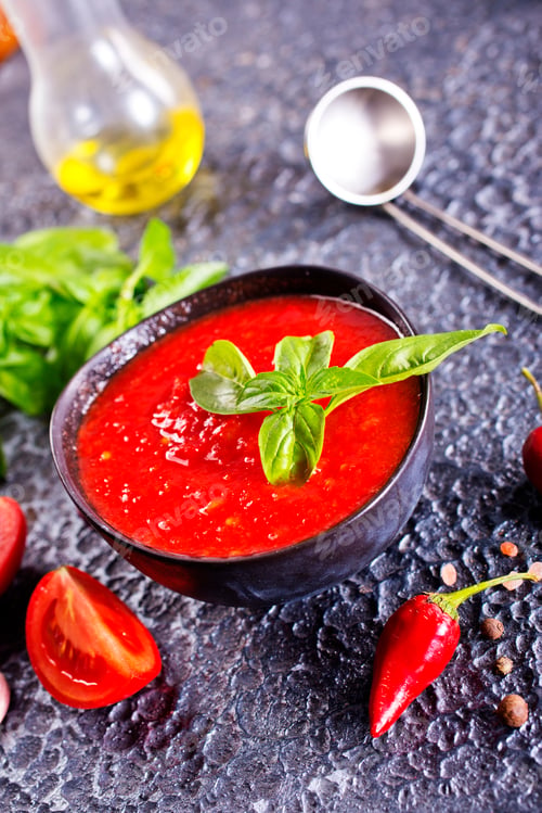 Preview: Tomato soup, vegan dish stone table